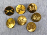 Seven US Military WWII and other insignia pins including Aviation, Corp of Engineers and Infantry.