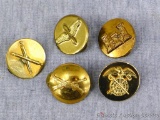 Five US Military WWII and other insignia pins including Aviation, Corp of Engineers, Infantry, Field