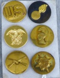 Six US military pins. Insignias include Infantry, Military Intelligence Corps, Ordnance Corps on