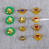 Four US Military gold toned star pins; Five US Military lapel button bars - four are red and white