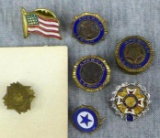 Seven pins including US Veterans of Foreign Wars, American Legion, Ladies Auxiliary, more. One