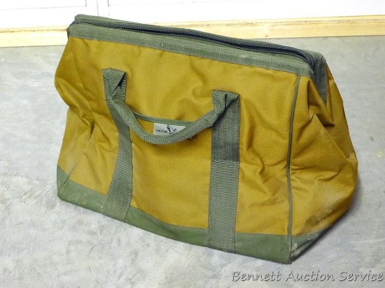 Duck Wear zippered tool bag is about 24" x 10" x 15" tall. Has handles, zipper works. Handy for