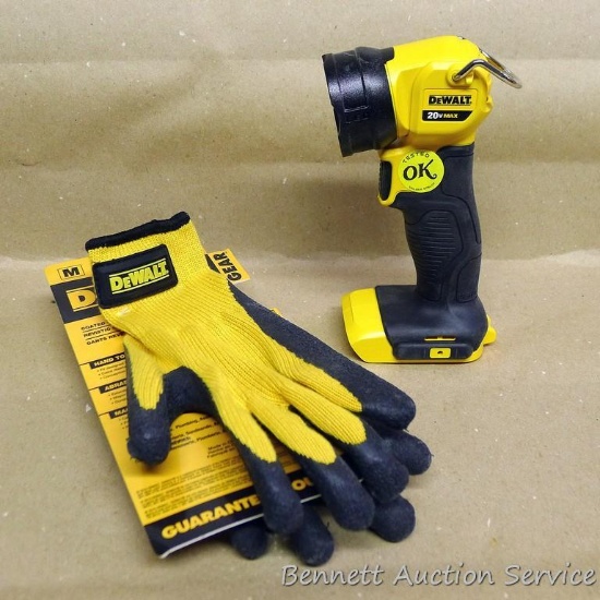 DeWalt 20V Work light has rotating head and LED light, no battery; pair of DeWalt gripper gloves