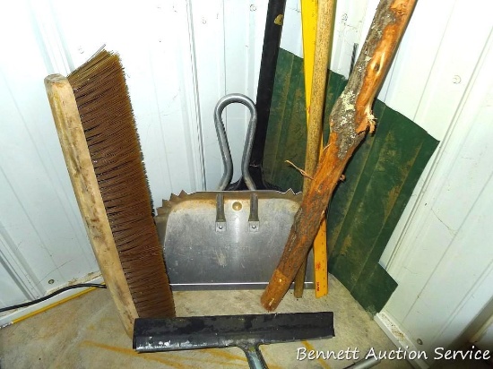 Two floor squeegees, largest has 24" head; push broom with 24" head; heavy duty dust pan is 17" wide