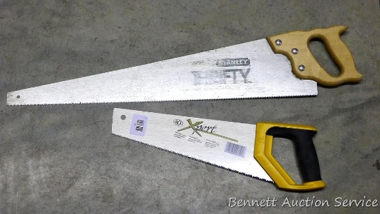 Two nice hand saws. One is Stanley cross cut 28" long. One is a Jack Xpert 17" long.