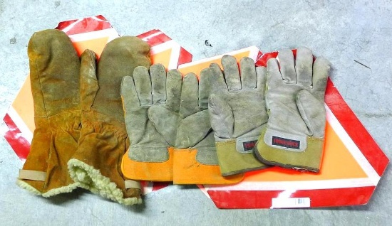 Pair of heavy duty leather choppers; two pair of insulated work gloves; partial slow moving signs.