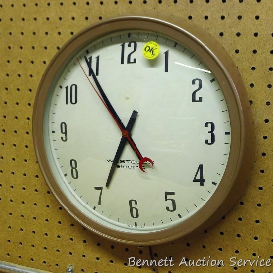 Westclox 13-1/2" electric clock. Graphics look good. Currently does not work, ready for restoration.