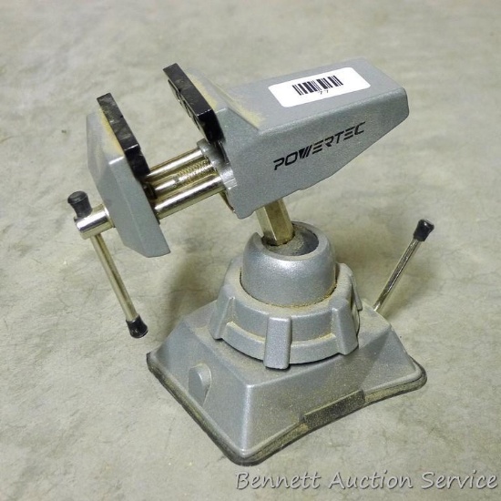 Powertec bench top vise with 2-3/4" plastic jaws. Attaches by suction cup.
