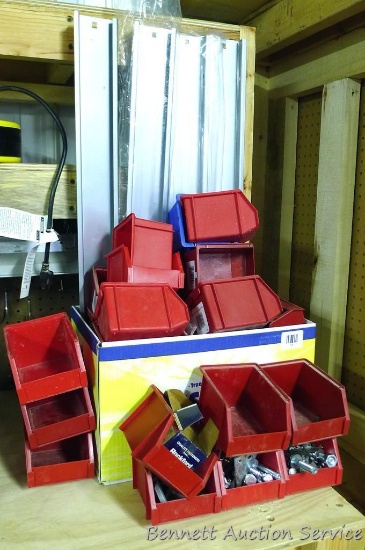 Large assortment of plastic storage containers 4" x 5-1/2" x 3" partially filled with screws, nuts