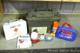 Plastic tote with First Aid Kits with bandages, bug spray and more, 16