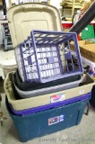 Assorted totes and lids as pictured. Largest is 33 gallon. Includes milk crate.