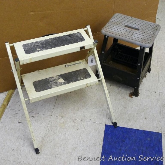 2 Stools incl Black & Decker Stow away metal step stool is 18" x 22" x 15" tall and Hirsh foot stool