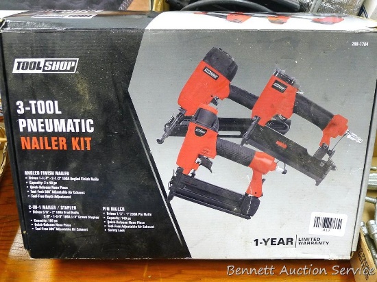 Tool Shop 3-Tool pneumatic nailer kit incl angled finish nailer, 2 in 1 nailer/stapler and pin