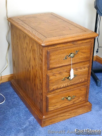 End table with three drawer is in good condition. Measures 16" wide x 24" deep x 24" high. Matches