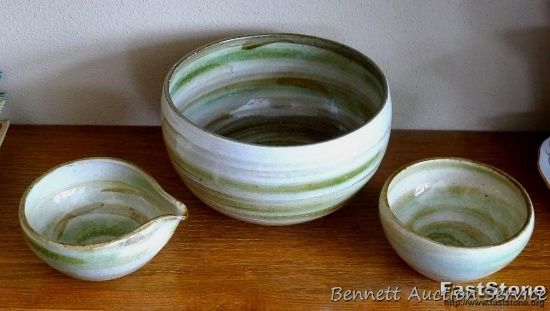 Wonderful handmade pottery creamer, sugar and bowl set in nice neutral tones. Bowl measures 6"