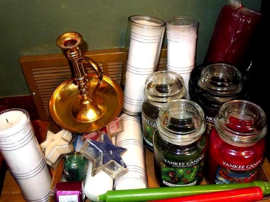 Yankee Candle jars & others, largest is 10"; candle holders; brass candle holder 6-1/4" x 7-1/2"