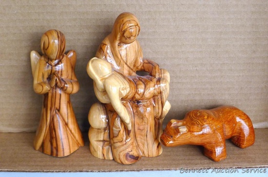 Hand carved olivewood figure stands 5-1/2" tall and olivewood praying angel, 4-3/4" tall - both hand