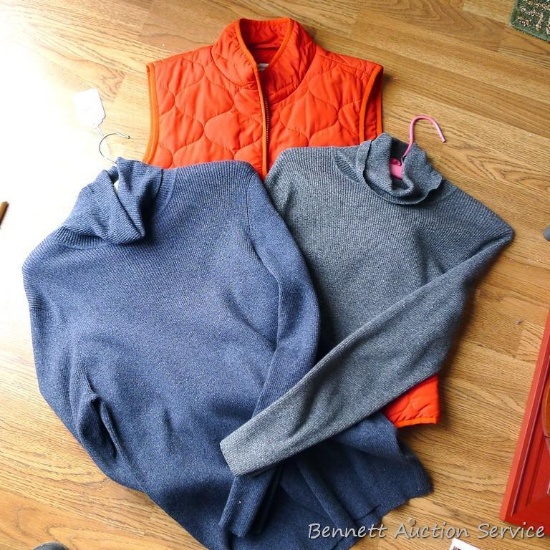 Quilted vest size L; 2 very nice sweaters by Eddie Bauer L & XL.