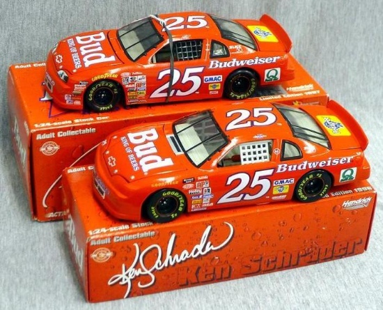 Two 1/24 scale die cast cars include 1996 Budweiser Ken Schrader and 1997 Budweiser Ricky Craven.