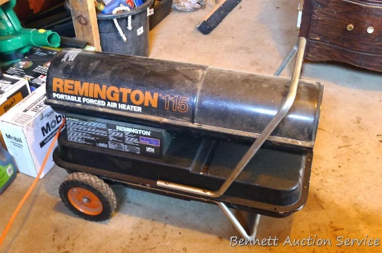 Remington 115 portable forced air heater runs on fuel oil. 115000 btu output. Works well, we are