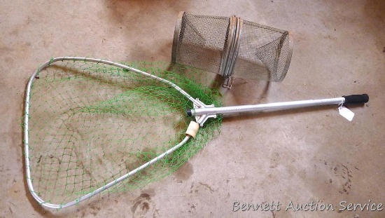 16" double funnel minnow trap; Frabill collapsible landing net is model 3432.