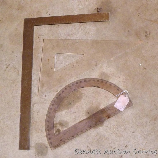 No shipping. Framing square, drafting triangle, 16" protractor.