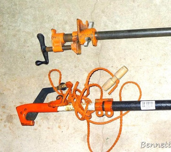 Extendable pruner just need a carriage bolt pivot; 3/4" Pony clamp is 4' long.