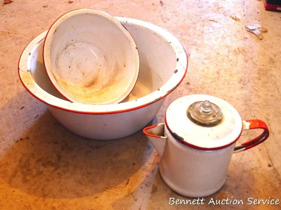 Deep enameled basin, coffee pot with lid, deep bowl. Enameled basin 14" across rim x nearly 6" deep.