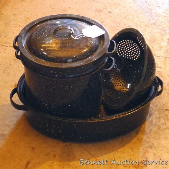 Enamelware including 16" roasting pan, blancher steamer is 10".