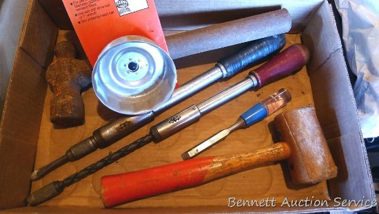 Rawhide mallet, two Yankee reversible push drivers, ball peen hammer, 1/2" chisel, oil filter