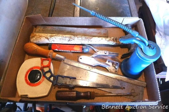 Lufkin 100' steel tape in good condition; hammer, saws, pliers, more.
