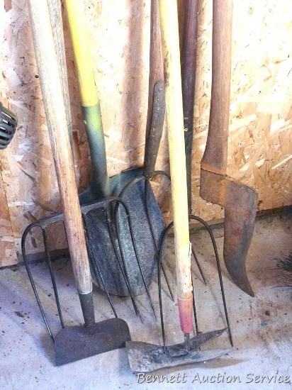 Spade shovel; 6 tine fork; 3 tine fork; garden hoe; brush axe and more.