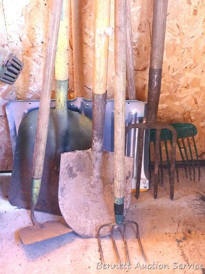 Spade shovel; square bottom shovel; garden forks & hoe; snow shovel; leaf rake.