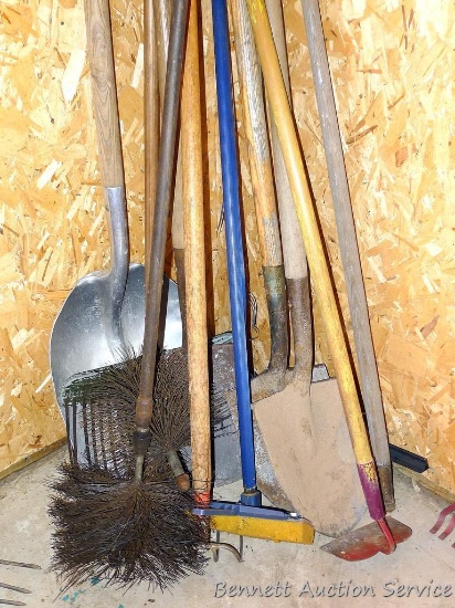 Aluminum grain shovel, garden fork, chimney brushes, dirt spades, more.