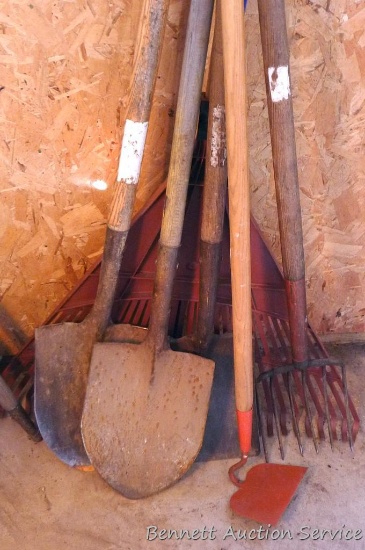 Nice large leaf rake, small pitchfork, garden hoe, flat bottom and spade shovel, more.