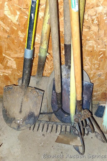 Flat and spade shovels, dirt rake, garden hoe and hand tiller, more.