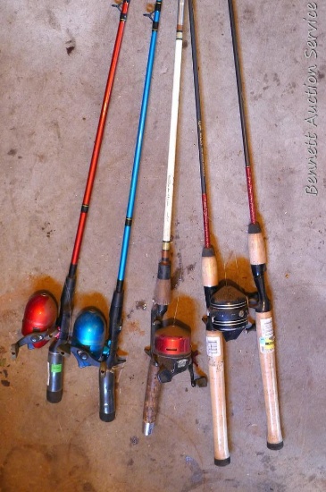 Five fishing poles by Shakespeare, Bass and others up to 6-1/2'.