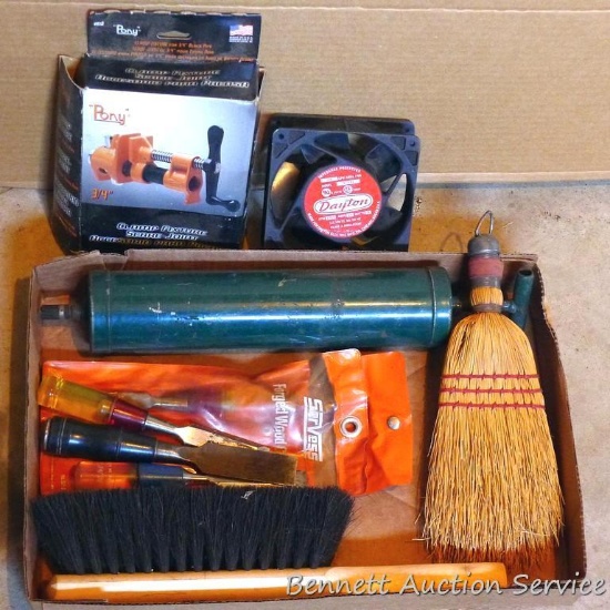 3/4" Pony clamp hardware, Dayton pancake fan, draftsman brush, assorted wood chisels, more.