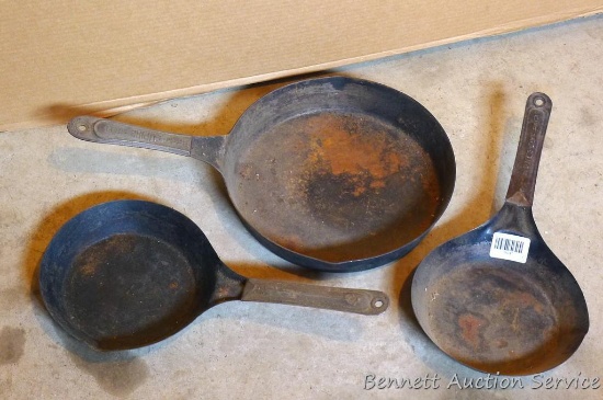 Empire, Nesco and other stamped steel fry pans up to 18" with handle.