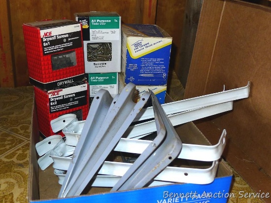 Three closet rod brackets, plus several boxes of wood screws and more.