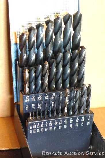 High speed steel twist drill set with drill index 1/16" to 1/2". Nice set.