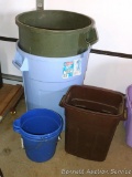 Two 32 gallon trash containers; smaller plastic garbage container; 2 plastic water pails.
