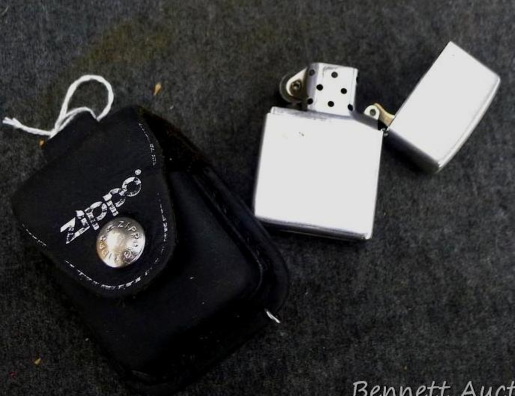 Zippo lighter model F11 with leather case. Lighter sparks. All made in USA,  lighter measures 2-1/4" | Estate & Personal Property Personal Property |  Online Auctions | Proxibid