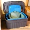 Large chest style Rubbermaid tote with attached lid is 3' wide; two smaller totes with lids.