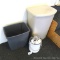 Tall medium and short garbage can, plus ceramic kitchen composter with lid.
