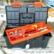 Plastic toolbox with removable tray contains wire nut connectors, wire staples, zip ties, machine
