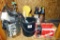 Assortment of putty knives, steel wool, sponges, Homax wall texture spray, Homax spray texture