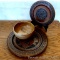 Beautiful hand turned wooden bowl has a note on bottom that it is made of myrtle wood, approx. 6