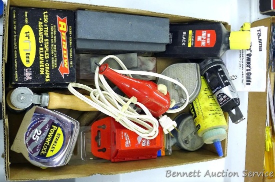 Stanley 25' PowerLock tape; WEN electric pencil engraver, runs; Tajima ink-rite snap line with