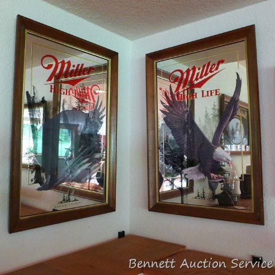 Two Wisconsin Miller High Life beer mirrors - one Black Bear, one Bald Eagle. Both mirrors have
